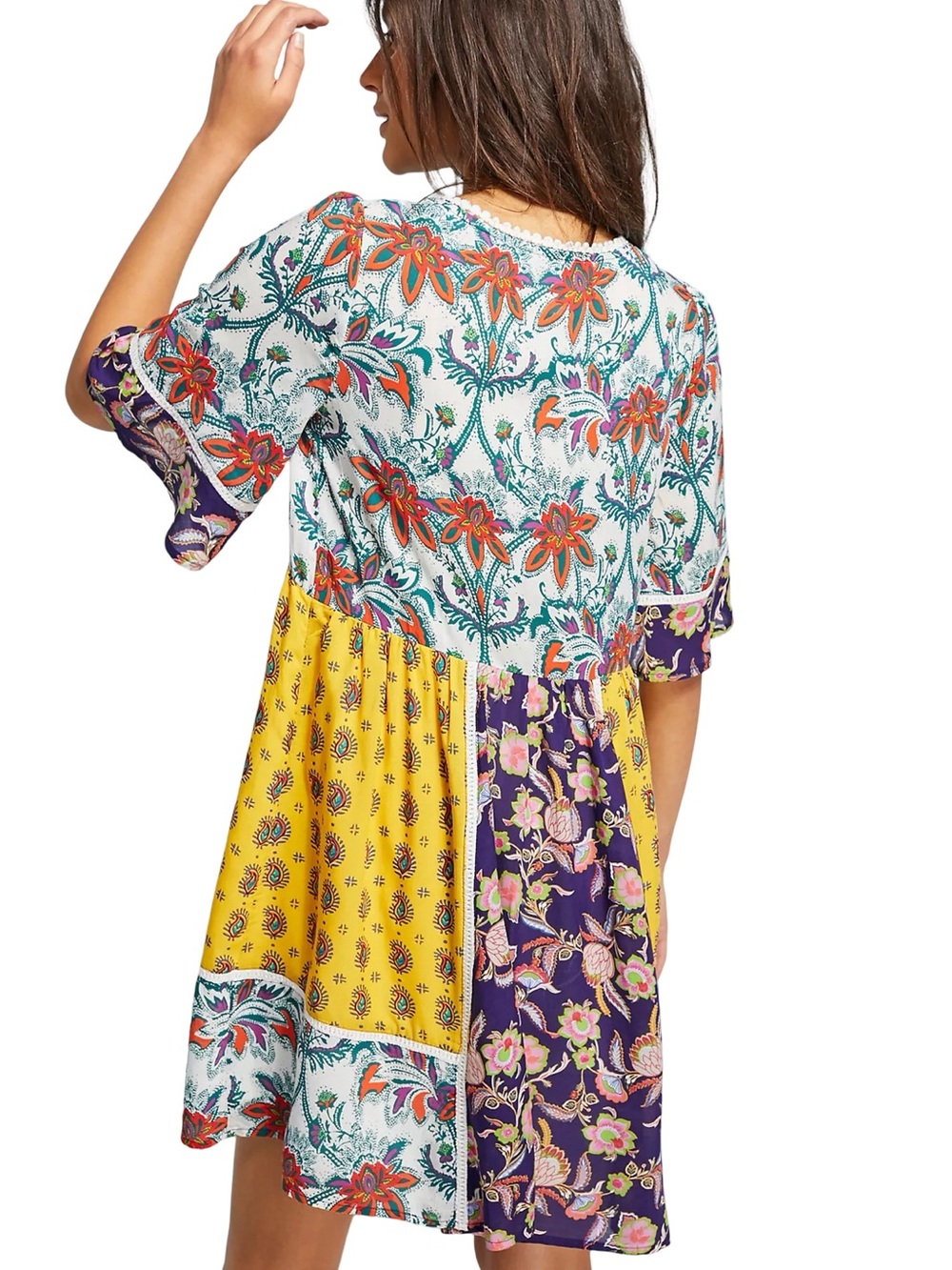 ▫️🌞🌀 Anthropologie Patchwork Floral Mini Dress in Navy, Yellow, White 🌀🌞▫️ - Picture 2 of 8
